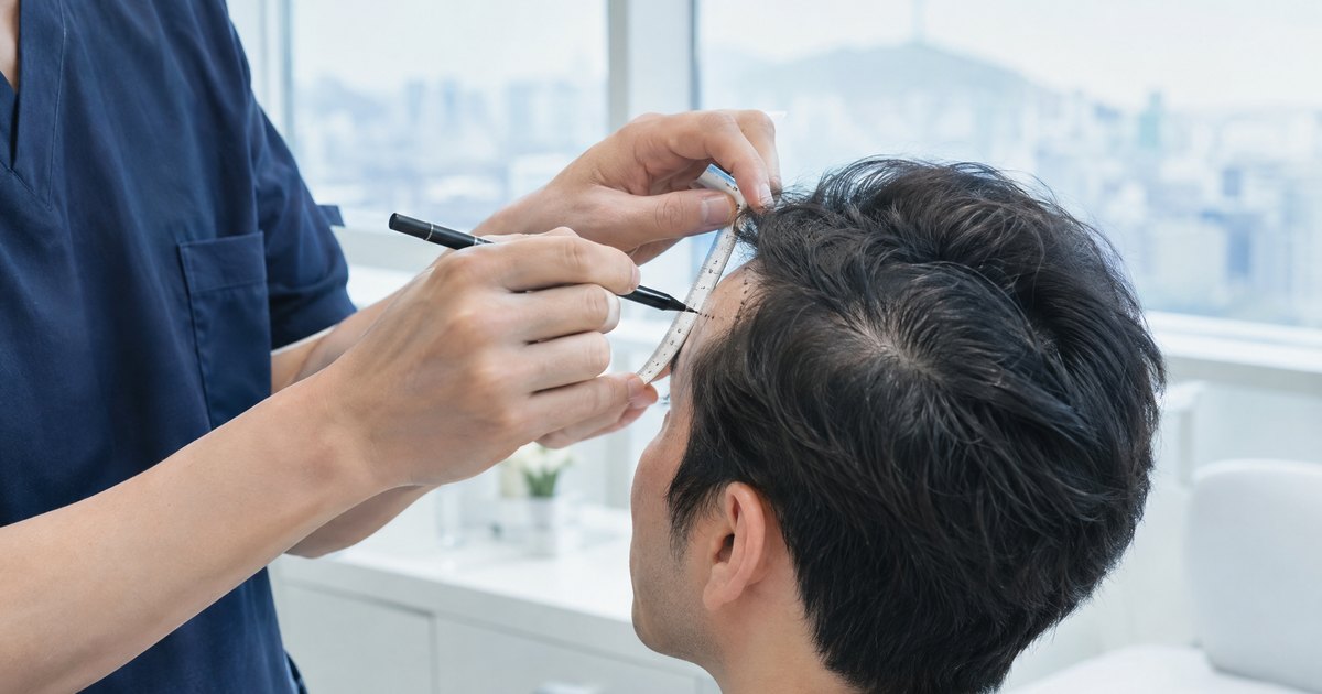 신사역 헤어라인 교정 — 이마에 헤어라인 디자인 가이드를 그리는 상담 장면
