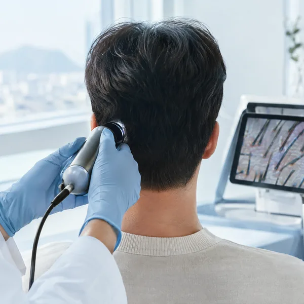신사역 비절개 모발이식 — 후두부 공여부를 확대경으로 확인하는 상담 장면